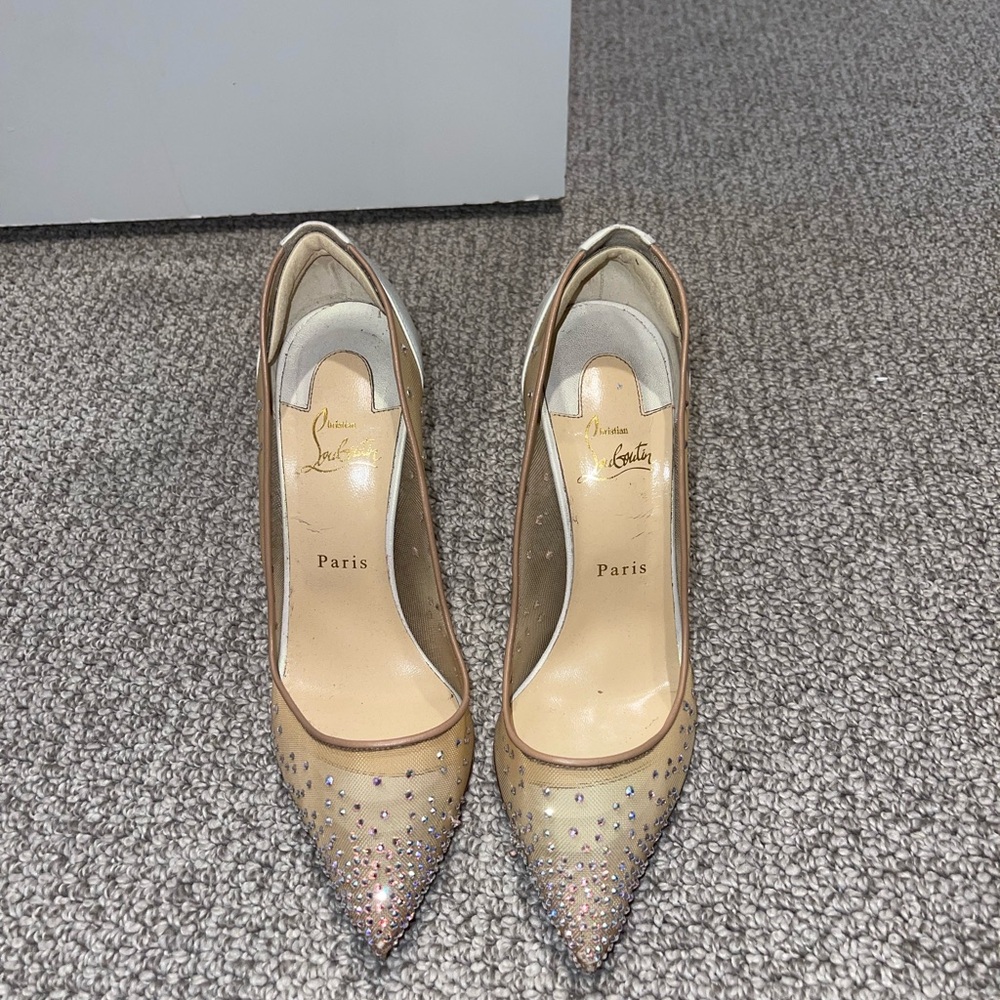 Christian Louboutin Tan and Silver Stiletto Heels